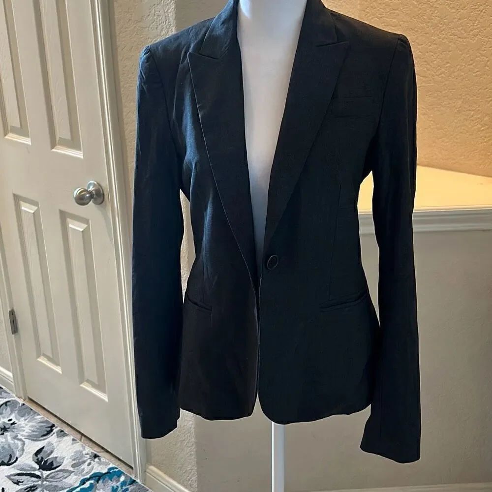 Theory Women's 2 Single Button Wool Blazer Charcoal Black Office Dark Academia